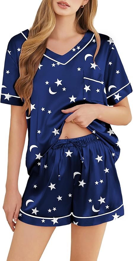 Silk Pajamas for Women Short Sleeve Satin 2 Piece Pj Set Soft V Neck Sleepwear Loungewear, S-XXL