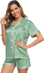 SWOMOG Womens Silk Satin Pajamas Set Short Sleeve Sleepwear Button Down Top and Shorts Loungewear 2 Piece Pjs Set XS-3XL