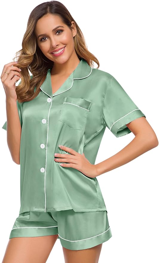 SWOMOG Womens Silk Satin Pajamas Set Short Sleeve Sleepwear Button Down Top and Shorts Loungewear 2 Piece Pjs Set XS-3XL