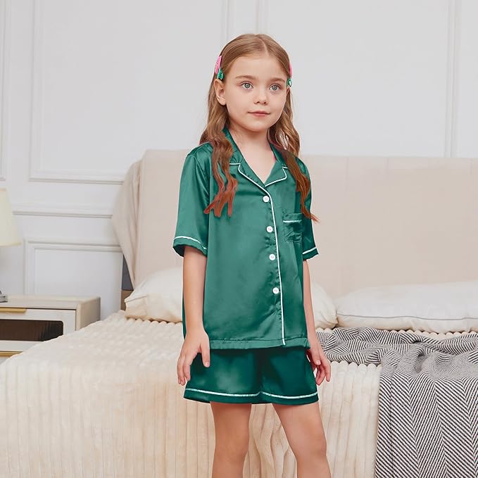QPANCY Kids Satin Pajamas Sets Baby Boy Girl Button-Down Silk Sleepwear 2 Piece Short Sleeve Loungewear Clothes Set
