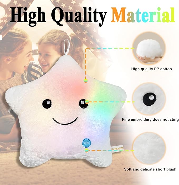 LED Night Light Up Star Pillow for Kids Pillows Stuffed Animals for Girls Boys Children Teens Adults Plushie Birthday Christmas Holiday Valentines Doll Gifts,Glow in The Dark Toys Plush White
