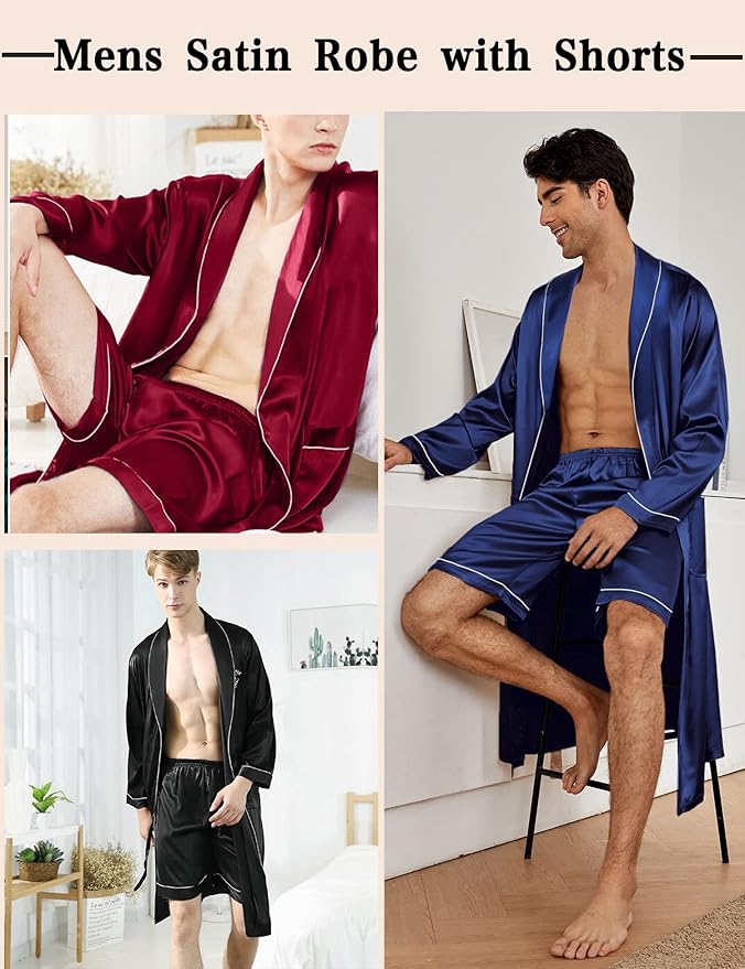 SWOMOG Men's Satin Robe Silky Kimono Bathrobe with Shorts Set Lightweight Soft Loungewear Nightwear