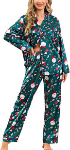 SWOMOG Womens Silk Satin Pajamas Set Long Sleeve Button Down Sleepwear 2 Piece Lounge Set Pj Set XS-3XL