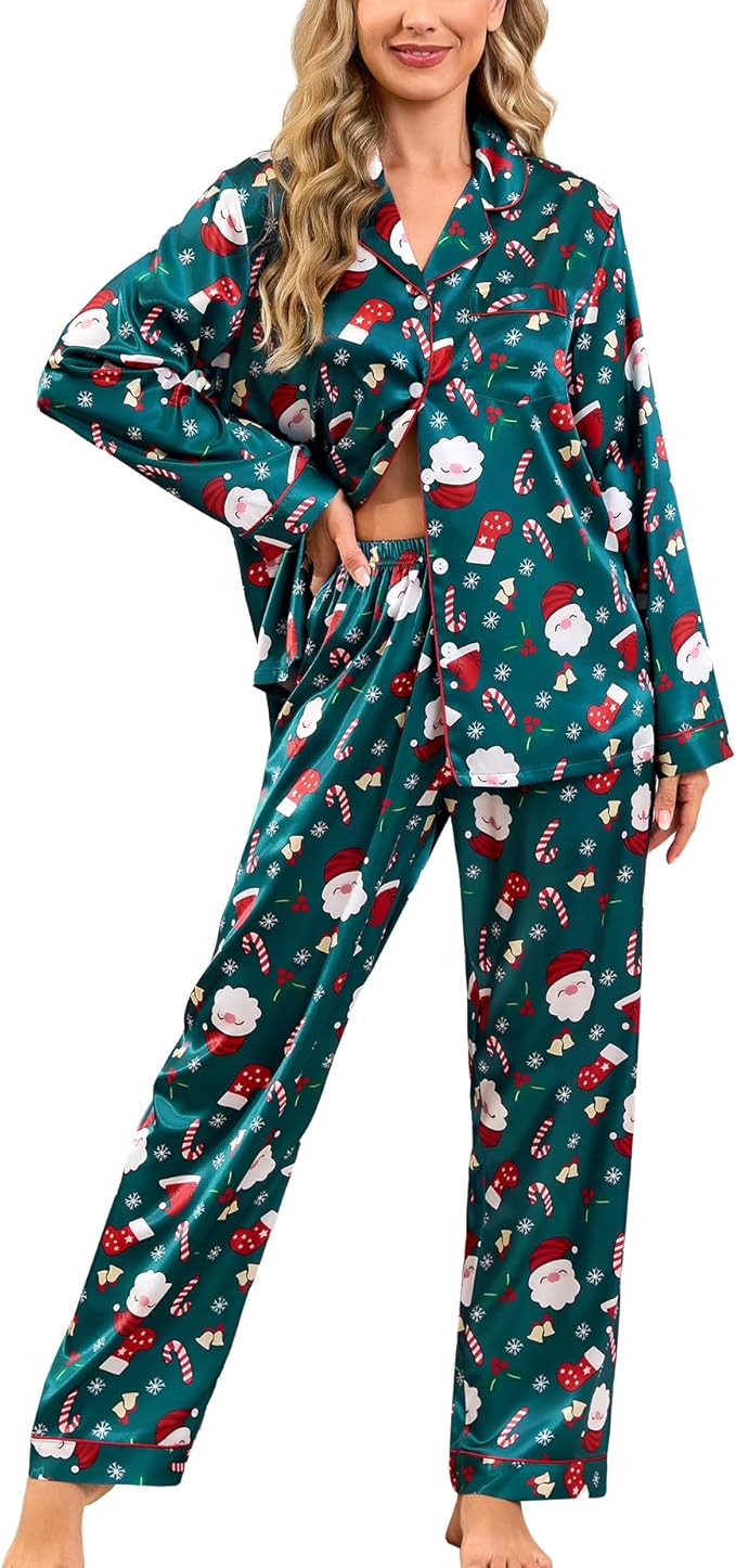 SWOMOG Womens Silk Satin Pajamas Set Long Sleeve Button Down Sleepwear 2 Piece Lounge Set Pj Set XS-3XL