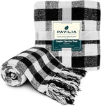 PAVILIA Plaid Chenille Blanket for Twin Size Bed, Soft Black and White Buffalo Plaid Checkered with Tassel Fringe, Woven Knitted Decorative Blanket for Sofa Couch Living Room Decor, Twin 60x80