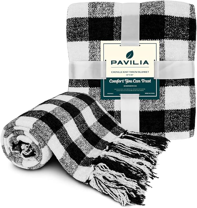 PAVILIA Plaid Chenille Blanket for Twin Size Bed, Soft Black and White Buffalo Plaid Checkered with Tassel Fringe, Woven Knitted Decorative Blanket for Sofa Couch Living Room Decor, Twin 60x80