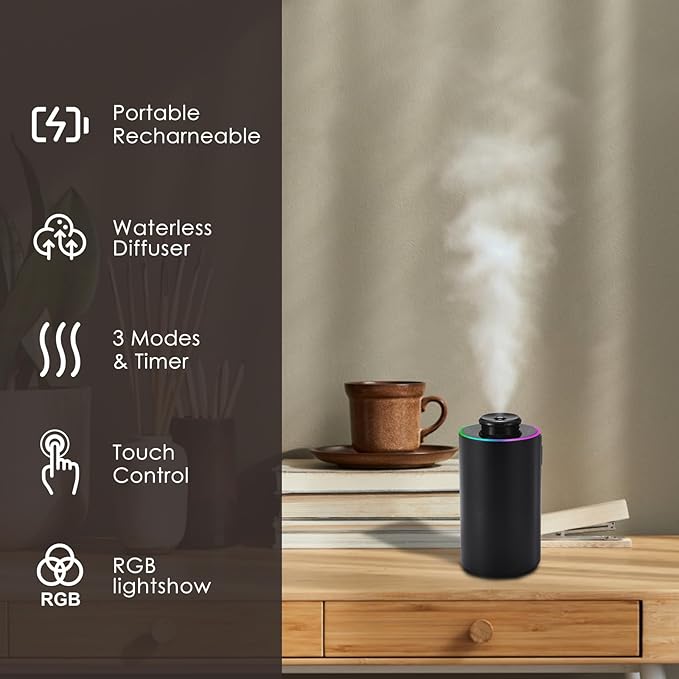 Waterless Essential Oil Diffuser with 8 Color LED Night Light, 3 Mist Levels & Timers, Portable Rechargeable Aromatherapy Diffuser for Home Car Room Studio Office, Black Metal (Black)