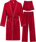 SWOMOG Mens 3 PCS Satin Robe with Pants & Shorts Set Kimono Bathrobe Long Sleeve Sleepwear Pjs Sets with Pockets