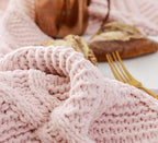 ATMOSURELY Ultra Soft Chenille Cable Knit Throw Blanket with Handmade Pom Poms Cozy Fluffy Knitted Blanket Lightweight Warm Woven Farmhouse Blanket for Bed Sofa Couch 50x60 Inches (Geometry Pink)