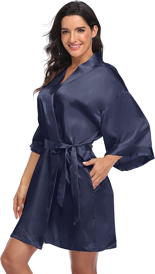Women's Satin Kimono Robe Wedding Getting Ready Silky Bathrobe Short Bridesmaid Dressing Gown