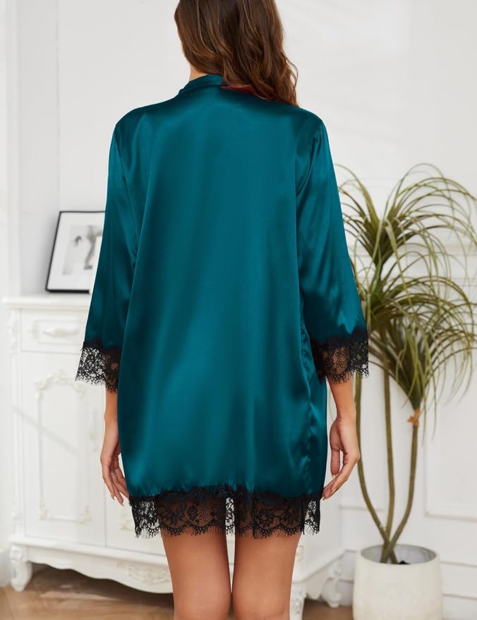 Womens 4 Pcs Lingeries Silk Pajamas Robes Set Sexy Pjs Cami Shorts Satin Sleepwear Lace Loungewear
