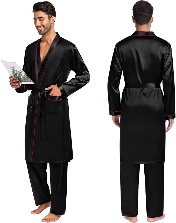 SWOMOG Mens 3 PCS Satin Robe with Pants & Shorts Set Kimono Bathrobe Long Sleeve Sleepwear Pjs Sets with Pockets