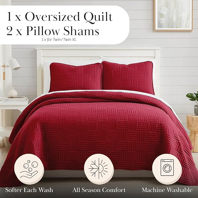Southshore Fine Living, Inc. Oversized Quilt Bedding Set Lightweight, Prewash Fabric Soft Coverlet Bedspread 2-Piece with One Matching sham (68 in Wide x 98 in Long), Twin/Twin XL, Grid Red
