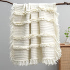 Pre-Washed Ultra Soft Quilted Cream King Size Blankets for Bed, Ruffle Fringed Chic Boho Decorative Throw, Stone Washed Blanket for Sofa Couch Bed 104"x90"