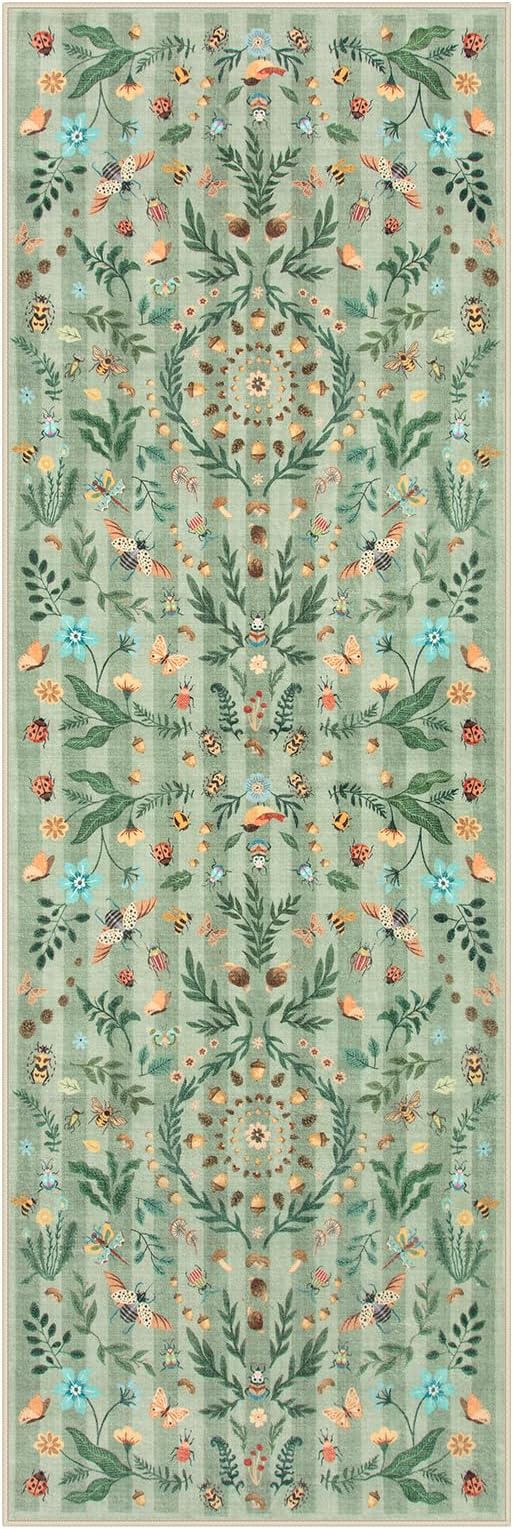 Lahome Chloe Insect Botanical 2x6 Rug Runners for Hallways Non Slip,Green Kitchen Runner Rugs Washable Bathroom Carpet Runner,Soft Non Slip Indoor Runners for Entryway Laundry Bedroom(Green,2x6)