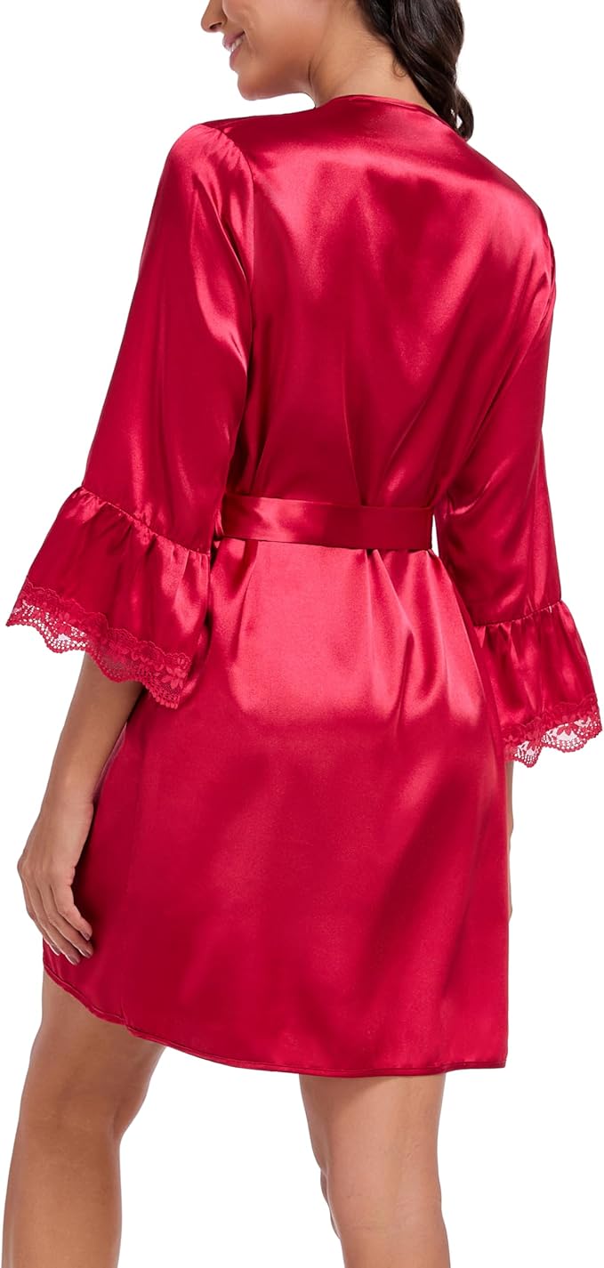 Lace Trim Satin Robes for Women Bride Bridesmaid Silky Kimono Robe Valentines Lingerie with Bell Sleeves