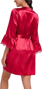 Lace Trim Satin Robes for Women Bride Bridesmaid Silky Kimono Robe Valentines Lingerie with Bell Sleeves