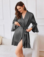 Ekouaer Women's Satin Robe Short Ruffle Hem Silky Robes Lightweight Kimono Brides Bathrobes Sleepwear XS-XXL