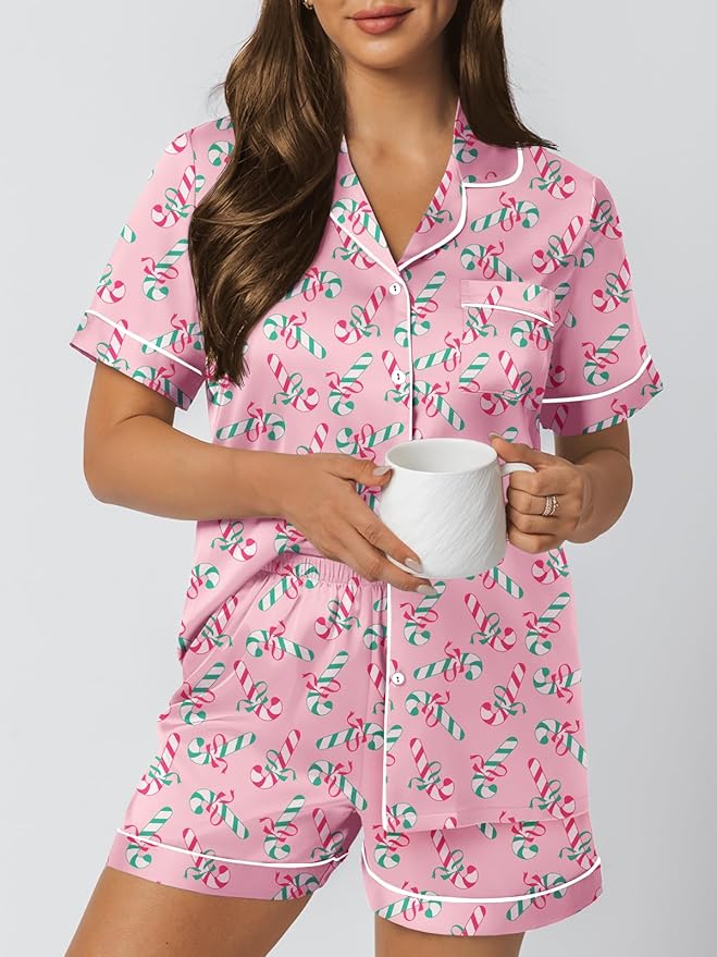 LILLUSORY Silk Satin Pajama Set for Women 2 Piece Lounge Pjs Winter Matching Summer Sleepwear Button Down Shirt Shorts
