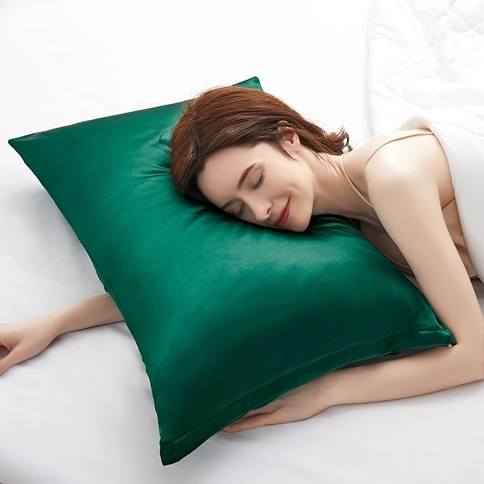 Satin Pillowcases with Zipper （20x30）,Queen Size Pillowcases Set of 2, Blackish Green Silk Pillowcase for Hair and Skin