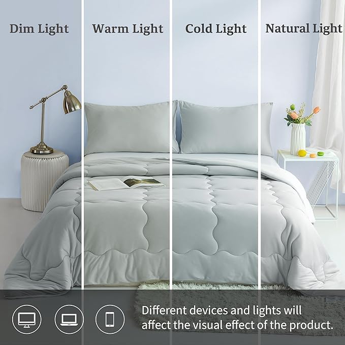 COTTEBED Reversible Queen Bed Comforter Set - Jersey Knit T-Shirt Feel Full Size Bedding 1 Down Blanket Quilt & 2 Pillow Sham - Ultra-Soft Fluffy Lightweight Cozy All Season Use (Light Gray and White)