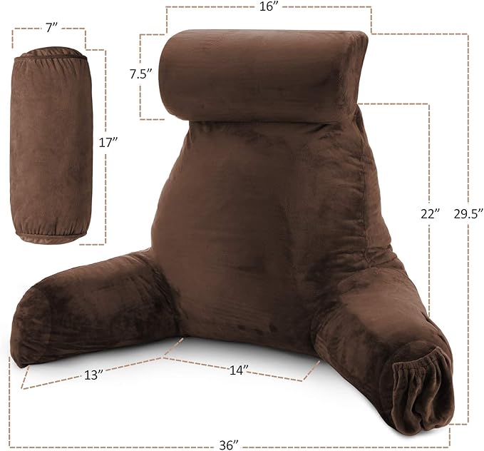 Clara Clark Reading Pillow with Shredded Memory Foam Includes 2 Neck and Lumber Support Pillows, Designed for Sitting Up in Bed and Couch, Back and Arms Adjustable Support for Adults, Chocolate Brown