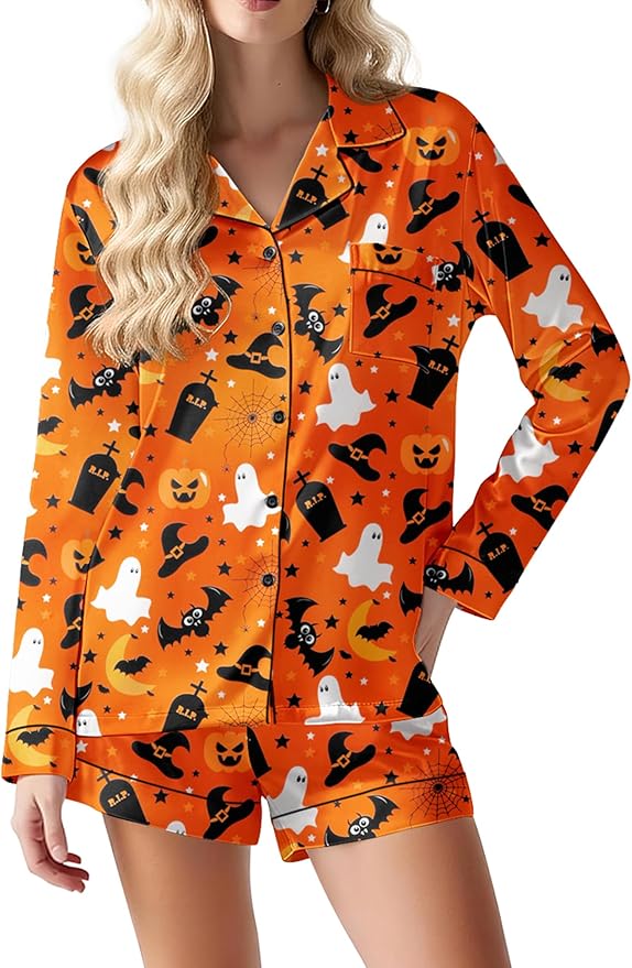 Ekouaer Satin Pajama Set for Women Button Down Pj Set Long Sleeve Top and Shorts 2 Piece Loungewear Summer Soft Sleepwear
