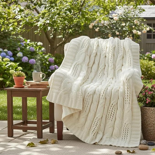 Amélie Home Chunky Knit Throw Blanket, Dual-Sided Soft Chenille Breathable Cable Knitted Blanket for Couch, Farmhouse Decorative Throw for Sofa & Chair, 50"x60", Ivory