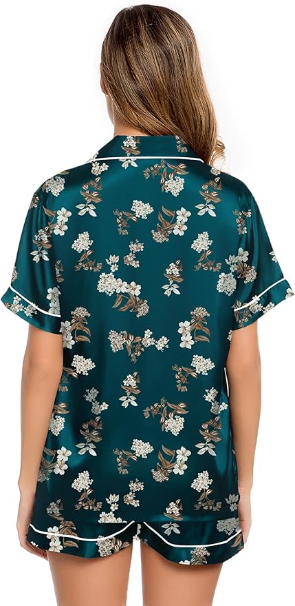 LecGee Womens Silk Satin Pajamas Short Sleeve Loungewear Two-Piece Sleepwear Button-Down Pj Set