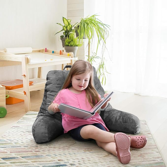 Clara Clark Reading Pillow for Kids & Teens with Shredded Memory Foam, Backrest Pillows for Reading, Watching, and Gaming, Use on The Couch, Bed, or Floor, Adjustable Support with Washable Cover Grey