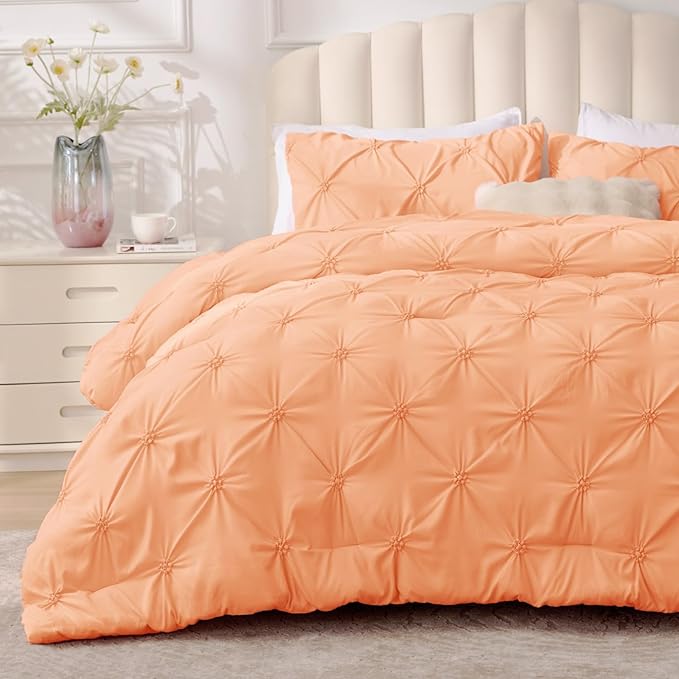 BEDELITE Apricot King Size Comforter Set - 3 Pieces Boho Pintuck Bedding Comforter Sets, Lightweight Soft & Warm King Bedding Set with 2 Pillowcases for All Season