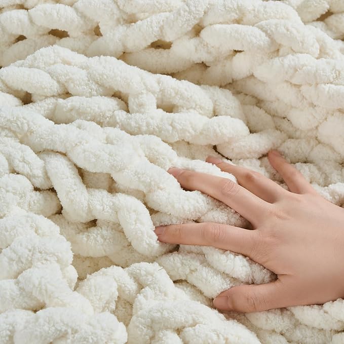 YAAPSU Chunky Knit Throw Blanket for Couch, 51"x63",100% Hand Knitted Thick Cable Knit with Cozy Jumbo Chenille Yarn, Soft Large Rope Knot Crochet Blankets for Sofa Bed Living Room Décor,Vintage White