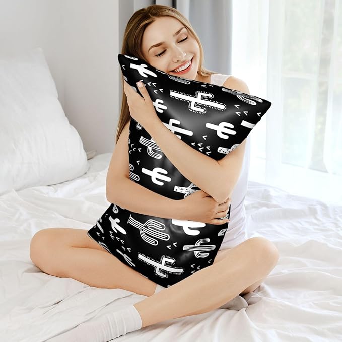 1 Pack Satin Pillowcase for Hair and Skin Funny Black and White Cactus Imitation Silk Pillowcase with Hidden Zipper Soft Breathable Smooth Cooling Pillow Cover King Size for Bedroom Sofa 20”x36”