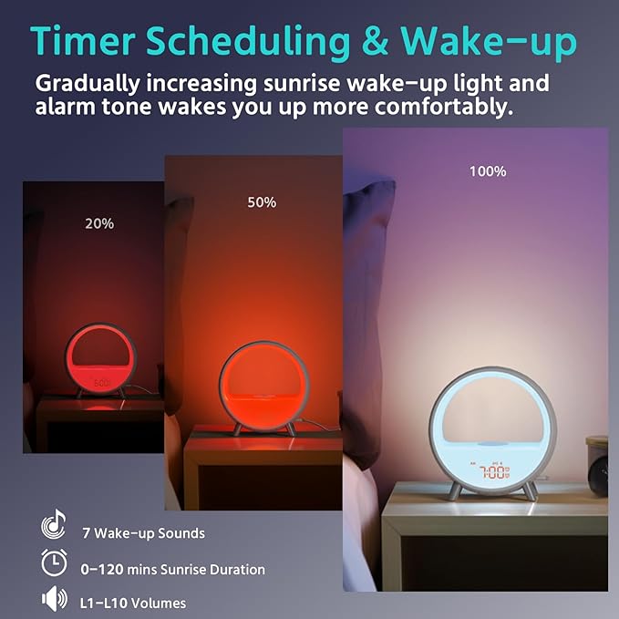 MOMILLA Sunrise Alarm Clock with 15W Wireless Charging Station, Bluetooth Speaker & White Noise Machine - Wake Up Light with Layered Ambient Glow, Sunset Sleep Aid, Zen Gifts for Women, Adults, Teens