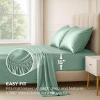 Satin Sheets King [4-Piece, Champagne Green] Hotel Luxury Silky Bed Sheets - Extra Soft 1800 Microfiber Sheet Set, Wrinkle, Fade, Stain Resistant - Deep Pocket Fitted Sheet, Flat Sheet, Pillow Cases