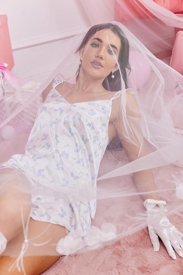 Ekouaer Satin Pajama Set for Women, Backless Silk Lingerie Pjs Back Tie-up Camisole Top and Shorts with Ruffle Sleepwear