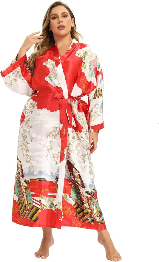 Women's Floral Long Satin Robes Plus Size Long Silk Robes Peacock Floral Kimonos Sleepwear Dressing Gown