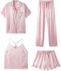 SAPJON Silk Pajamas for Women Set 4Pcs Ruffled Satin Pajamas Set Button Down Short Sleeve Cami Shorts Sleepwear Pj Set