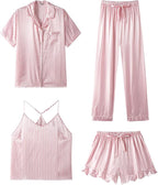 SAPJON Silk Pajamas for Women Set 4Pcs Ruffled Satin Pajamas Set Button Down Short Sleeve Cami Shorts Sleepwear Pj Set