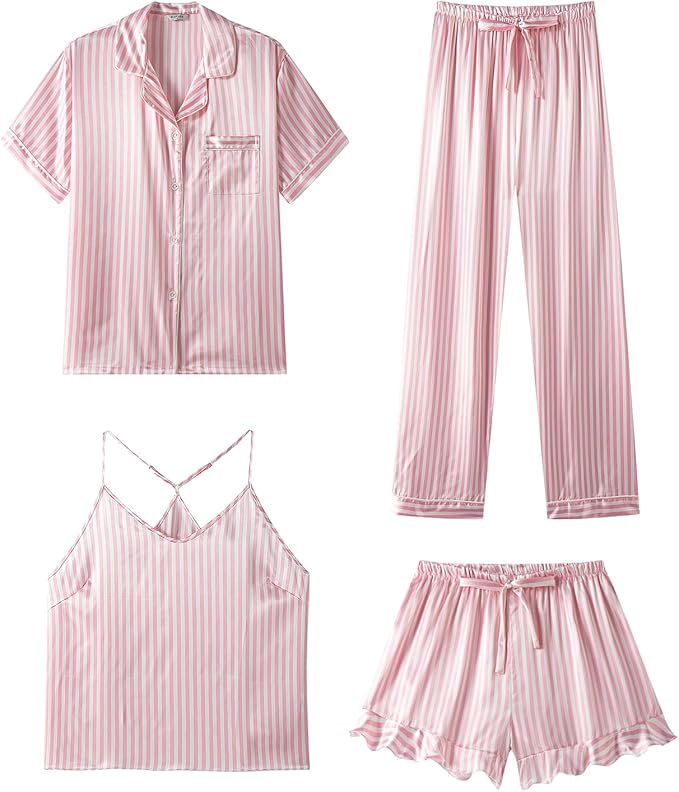 SAPJON Silk Pajamas for Women Set 4Pcs Ruffled Satin Pajamas Set Button Down Short Sleeve Cami Shorts Sleepwear Pj Set