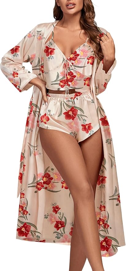 OPOIPIN Women's 3 Piece Pajama Set Sexy Cami Top and Shorts with Robe Sleepwear Loungewear Set