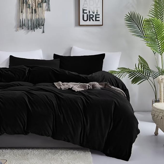 Luxlovery Black Velvet Comforter Set Cal King Men Plush Fluffy Black Bedding Set California King Minimalist Bedding Set Solid Modern Blanket Quilts Winter Warm Flannel Comforter Set