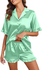 Ekouaer Satin Pajama Set for Women Button Down Silk 2 Piece Pj Sets Ruffle Short Sleeve Sleepwear