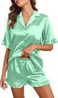Ekouaer Satin Pajama Set for Women Button Down Silk 2 Piece Pj Sets Ruffle Short Sleeve Sleepwear