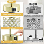 GyroVu Crystal Table Lamp, Gold Touch Lamp for Nightstand with USB C+A Ports, Dimmable Lamp with Crystal Shade, Bedside Lamp Small Lamp for Bedroom, Living Room(Buld Included)