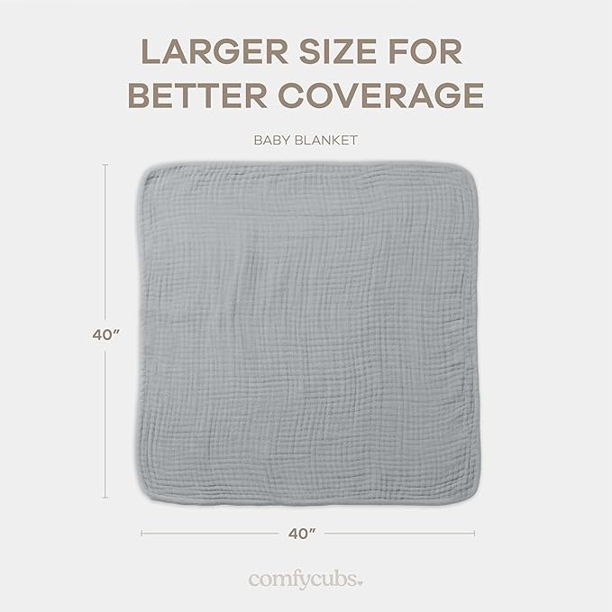 Comfy Cubs Muslin Baby Blanket - Soft, Lightweight, 6-Layer Cotton Swaddle Blankets for Newborns, Infants & Toddlers - 40" x 40" Large, Breathable & Versatile for Sleeping & Tummy Time - Heather Blue