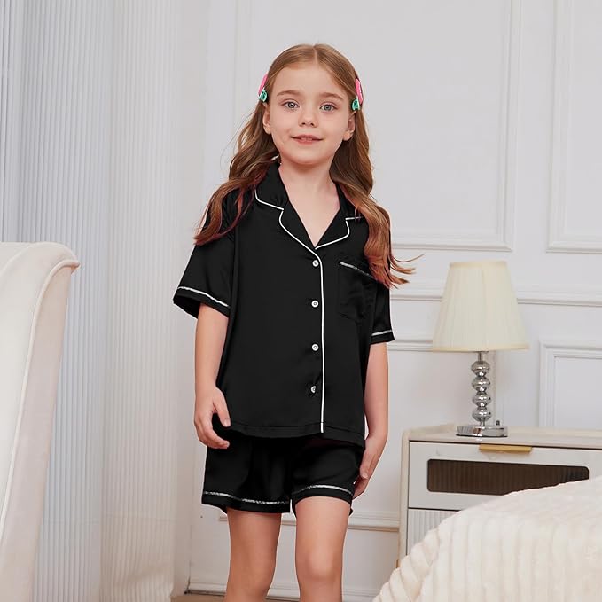 QPANCY Kids Satin Pajamas Sets Baby Boy Girl Button-Down Silk Sleepwear 2 Piece Short Sleeve Loungewear Clothes Set