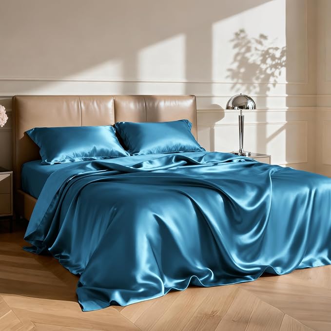 Love's cabin Twin Satin Sheets Sets - 3 Piece Teal Silky Bed Sheets with Deep Pockets, Luxury Silk Feel Satin Twin Size Sheet Set Bedding Set (1 Flat Sheet,1 Fitted Sheet,1 Pillow case)