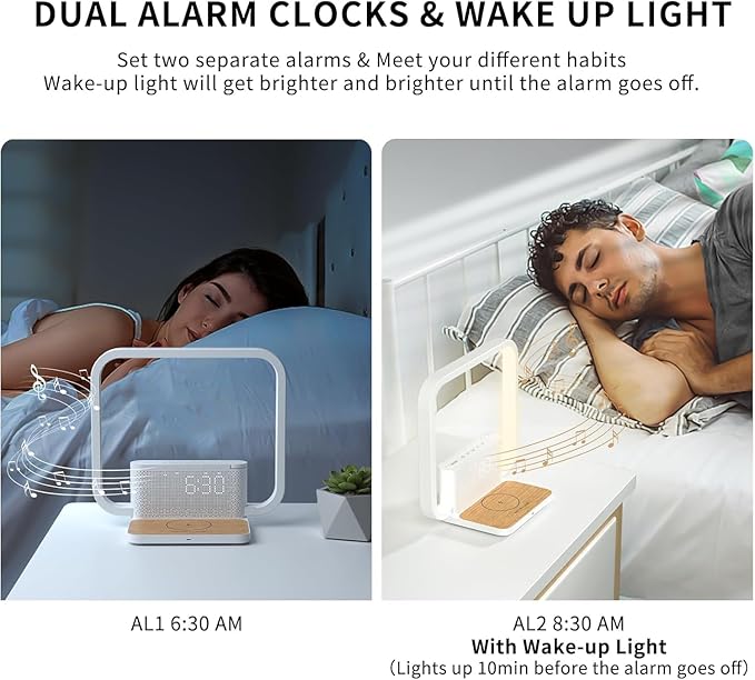RETEYUNG Sunrise Alarm Clock for Heavy Sleepers,Touch Desk Lamps for Nightstand with Wireless Charger Station for iPhone/Samsung,Sound Machine,Wake Up Light/Snooze/Timer/10 Natural Sounds/3 Dimmable