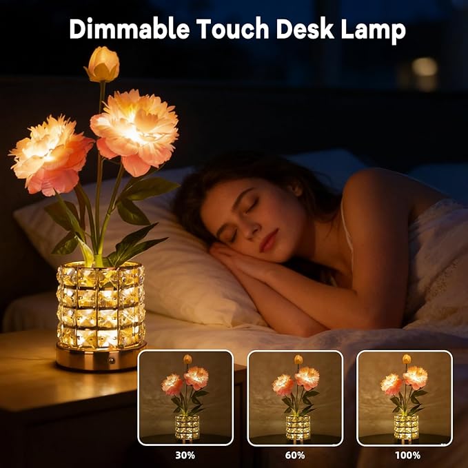 Flower Table Lamp, Orchid Flower with Crystal Vase Lamp, Cordless Touch Desk Light, 3 Colors Dimming & Rechargeable, Small Night Light for Bedroom Home, Romantic Gifts for Girl Women (Peony-Pink)